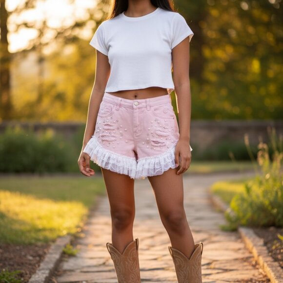 Little Bo Peep Pink Ruffled Women's Jean Shorts with Crystals & Pearl Studs S XL - Picture 1 of 15